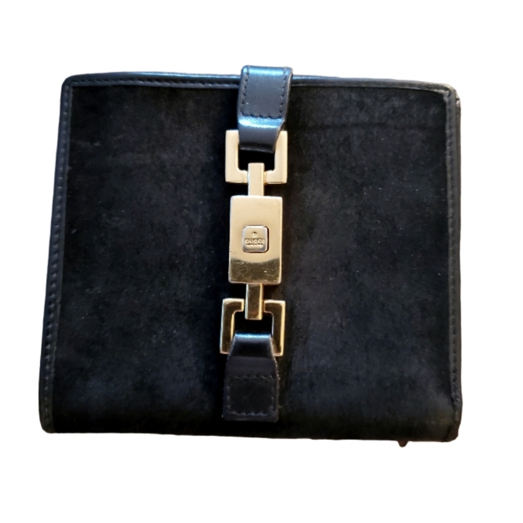 Gucci Guccissima Black Suede Leather Bifold Wallet Gold Hardware